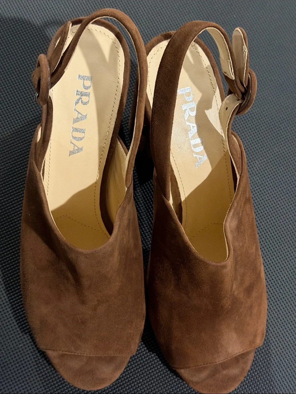 Prada Brown Suede Peep-Toe Slingback Platform Heels